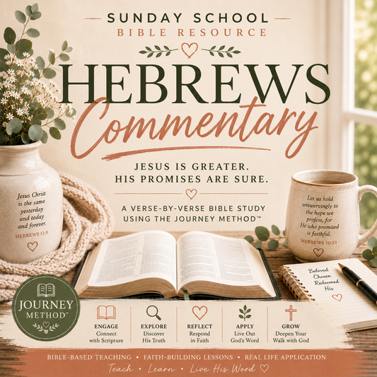 Sunday School Bible Resource cover for 'Hebrews Commentary' using the Journey Method, featuring a warm beige background with an open Bible, ceramic mugs with Bible verses, and a decorative banner listing key learning outcomes.