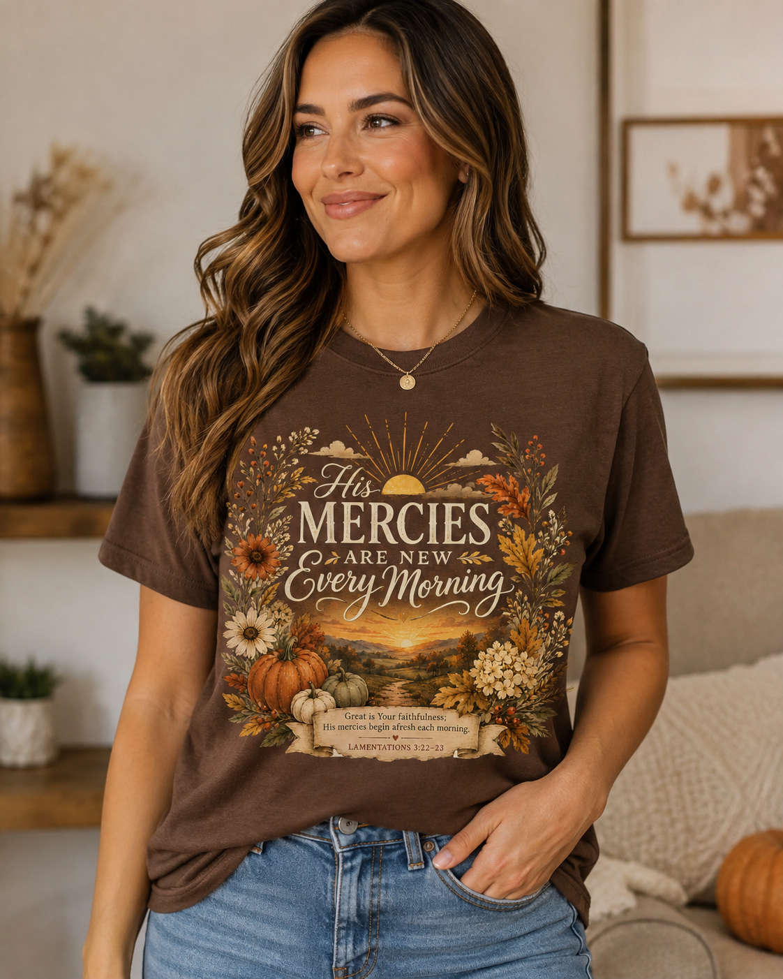A woman wearing a brown short-sleeve graphic t-shirt with a fall harvest design and the text 'His Mercies Are New Every Morning', paired with blue jeans in a cozy indoor setting.