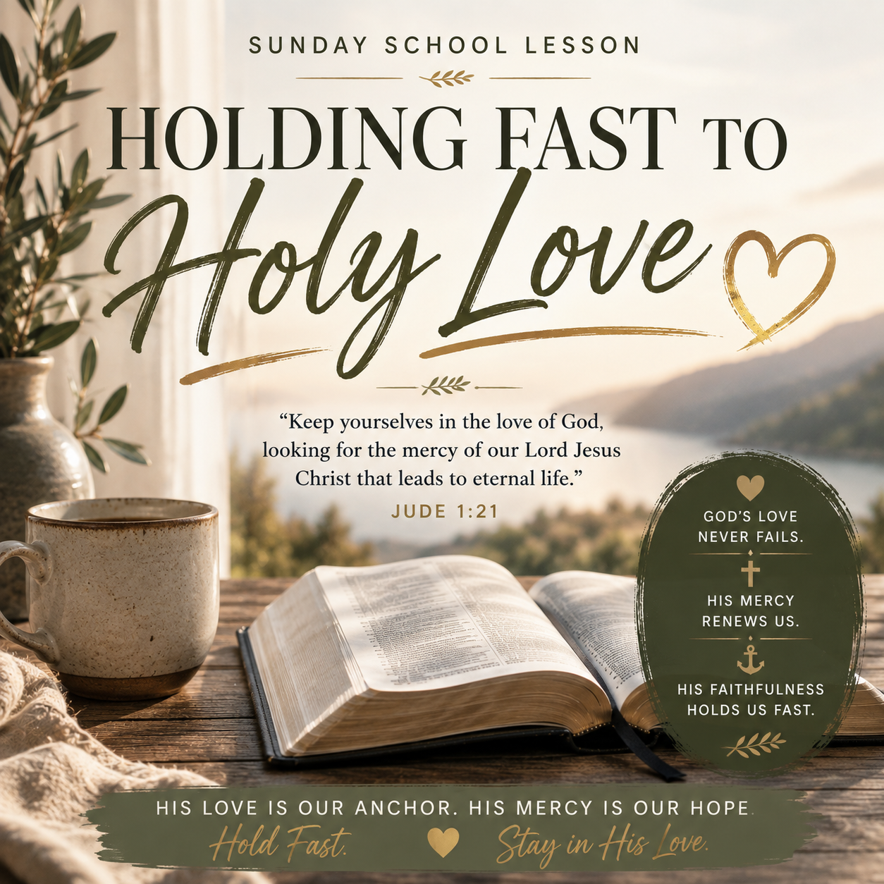 Sunday School Lesson cover for 'Holding Fast to Holy Love' featuring a Bible on a wooden table, a coffee mug, and a vase with greenery against a scenic mountain background. The design includes inspirational scripture and decorative text elements.