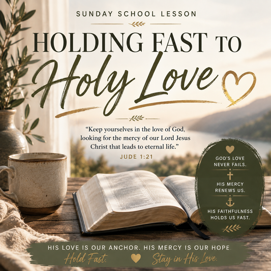 Sunday School Lesson cover for 'Holding Fast to Holy Love' featuring a Bible on a wooden table, a coffee mug, and a vase with greenery against a scenic mountain background. The design includes inspirational scripture and decorative text elements.