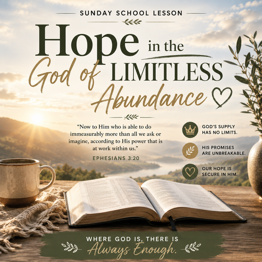Sunday school lesson cover titled 'Hope in the God of the Limitless Abundance' with scripture text from Ephesians 3:20, set over a scenic mountain sunset background. An open book, a mug, and a vase sit on a wooden table, with olive branches at the side.