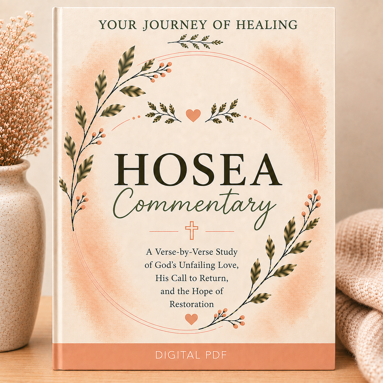 A book cover for a digital PDF titled "HOSEA Commentary" with decorative floral illustrations and a peach watercolor background, shown standing upright on a tabletop with dried flowers and a soft fabric roll in the background.