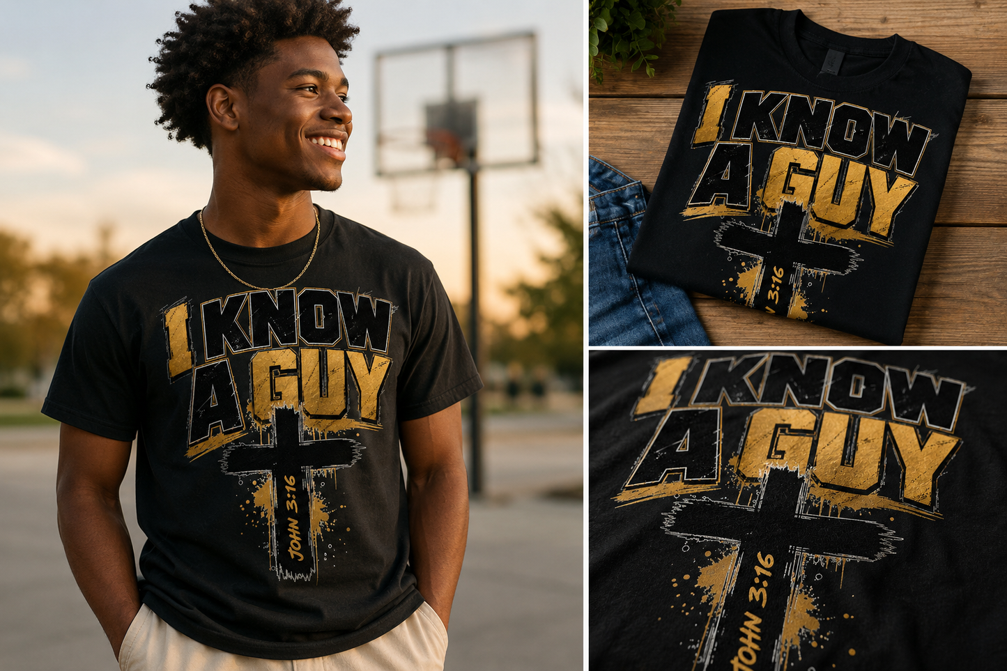 A man wearing a black graphic T-shirt with the phrase “I KNOW A GUY” in distressed gold and white lettering above a black cross and small Bible verse print. The collage includes a full-body shot outdoors, a folded shirt on a wooden surface with jeans, and a close-up of the shirt graphic.