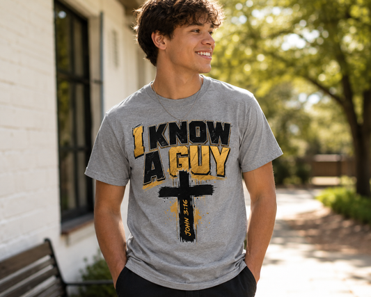 I Know a Guy men’s Christian T-shirt featuring a conversational faith-based design pointing others toward Jesus.