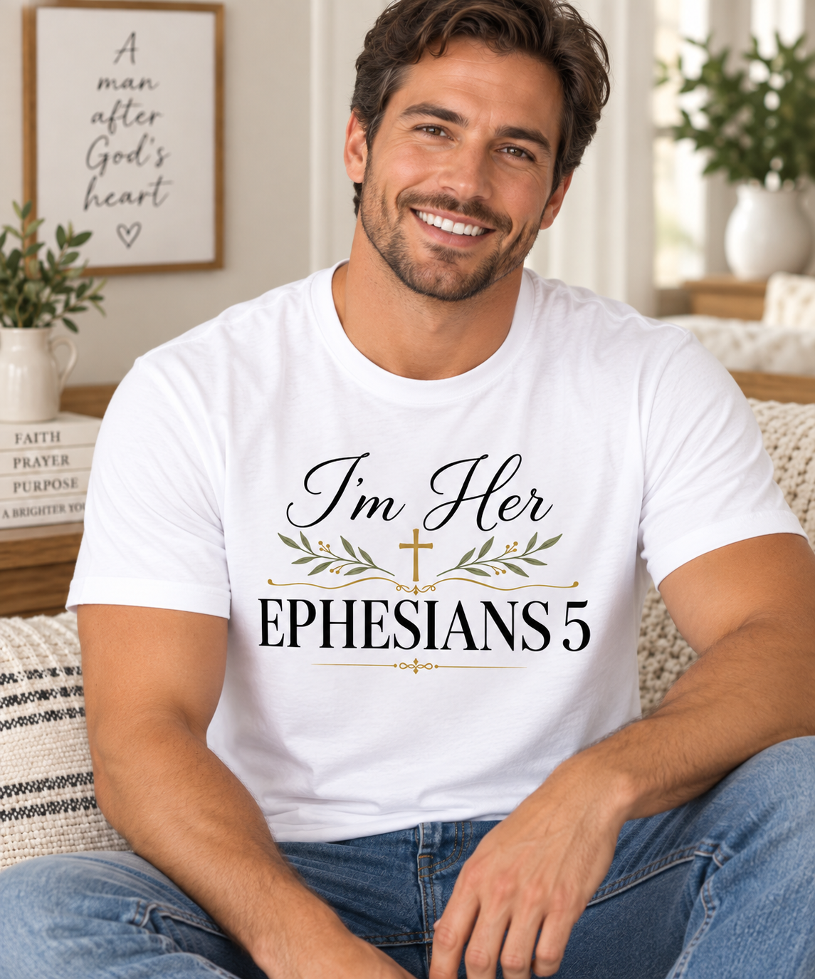 White Christian T-shirt featuring “I’m Her — Ephesians 5” with elegant black lettering, a gold cross, and botanical accents, designed to coordinate with an “I’m His — Proverbs 31” Christian couples shirt.