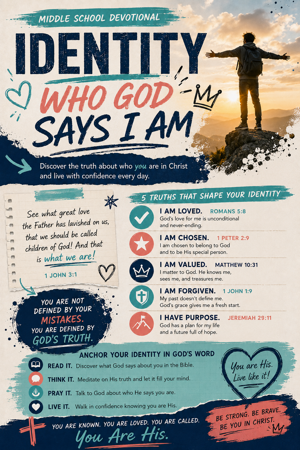 Identity: Who God Says I Am middle school Christian devotional PDF focused on identity in Christ, confidence, belonging, peer pressure, comparison, and biblical self-worth.