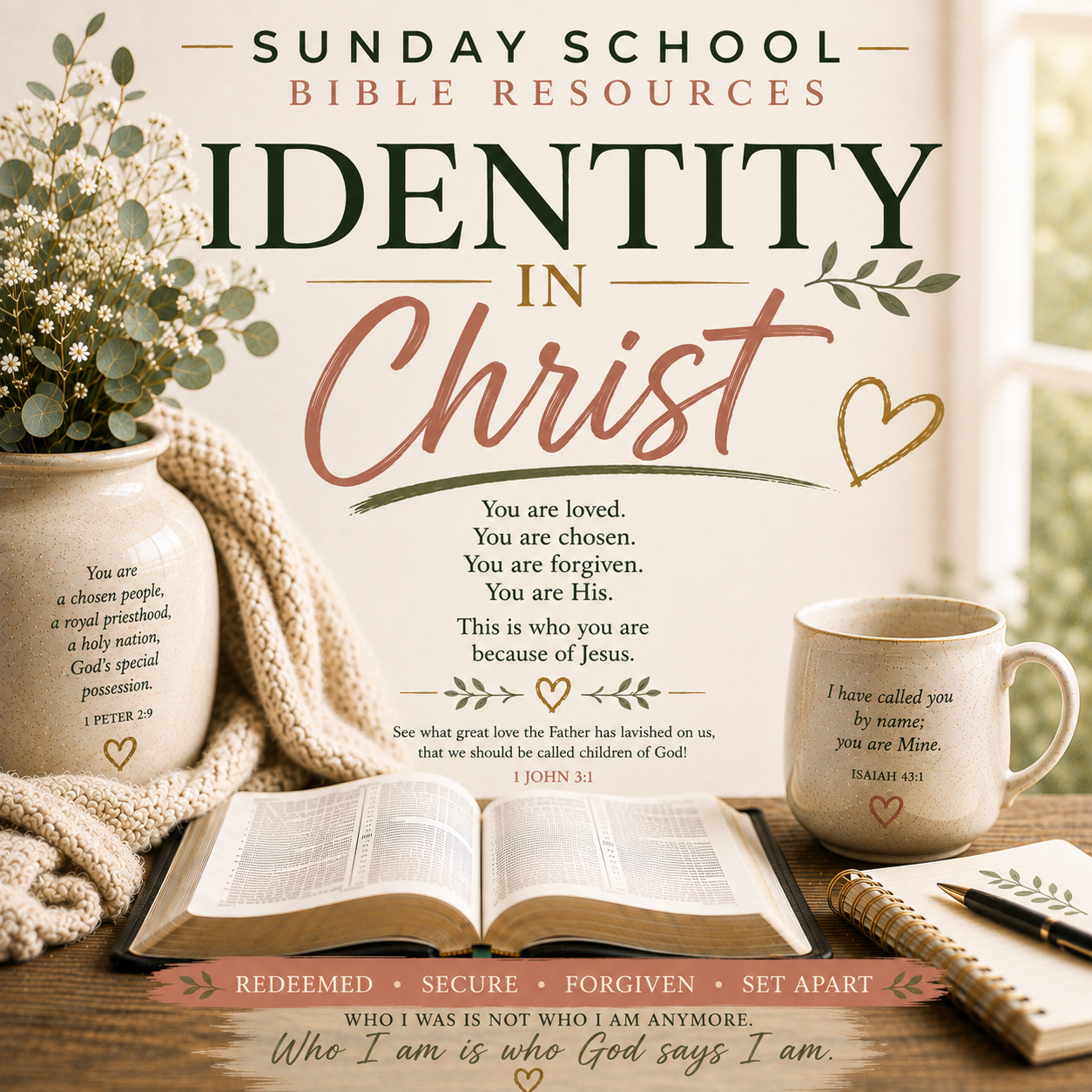 Identity in Christ Sunday School Bible lesson PDF exploring who God says you are, biblical identity, freedom from false labels, and living as a new creation in Jesus Christ.