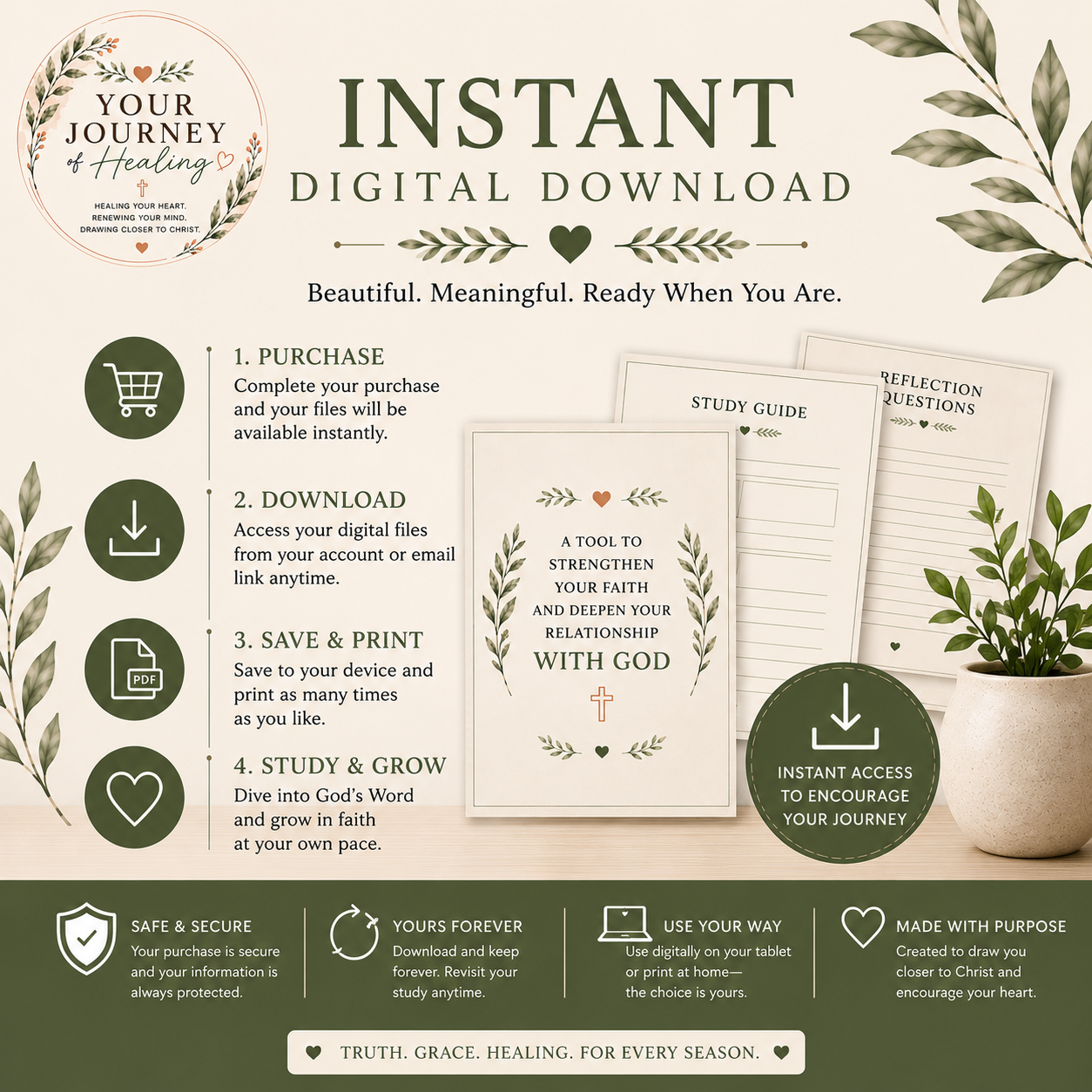 Promotional graphic for an instant digital download product, showing a cream and dark green design with text, icons, and mockup pages for a study guide and reflection questions.