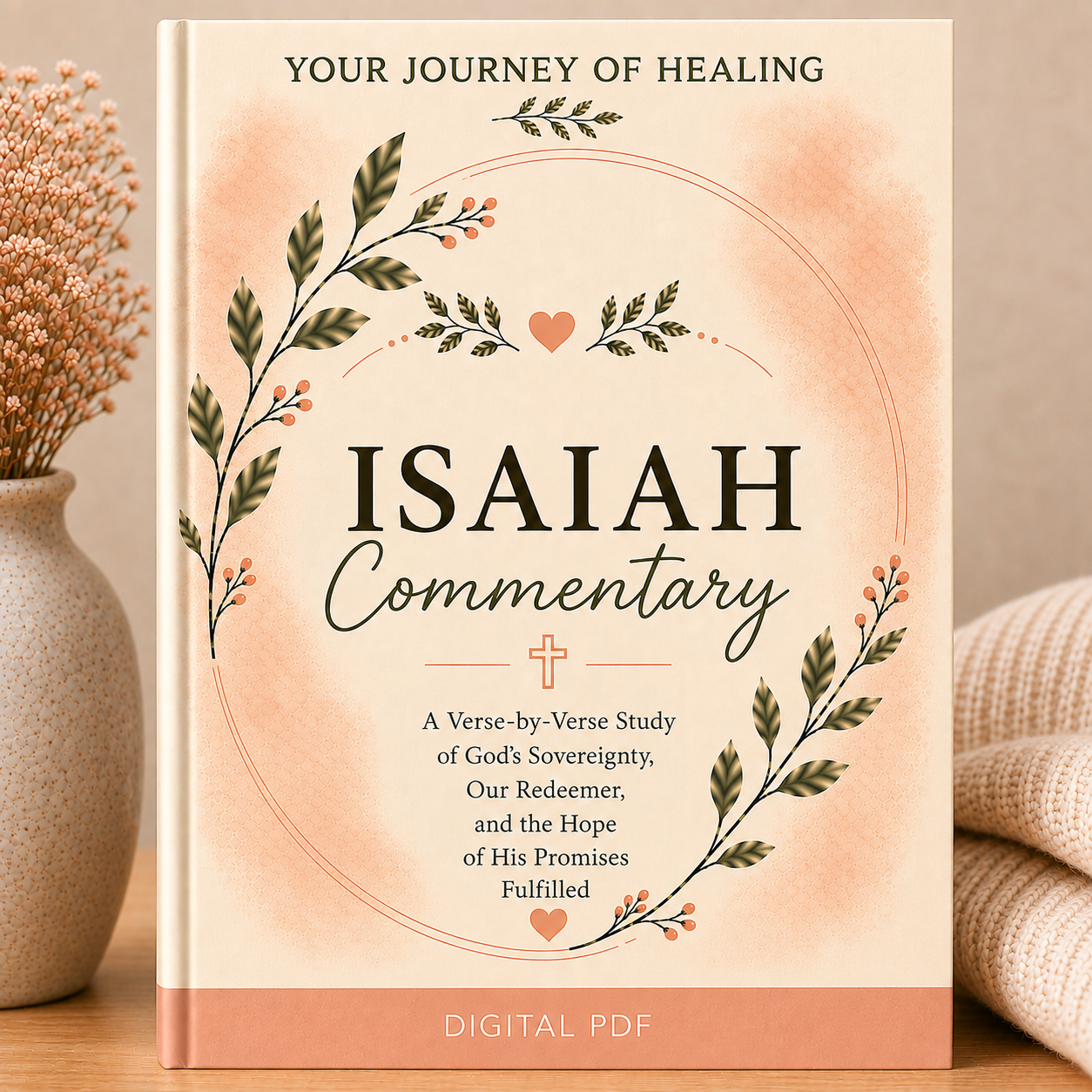 A book-style cover design for a digital PDF titled "Isaiah Commentary," shown standing upright on a tabletop. The cover has a warm cream background with peach watercolor shading, dark green leafy wreath illustrations, small pink hearts, and black text.
