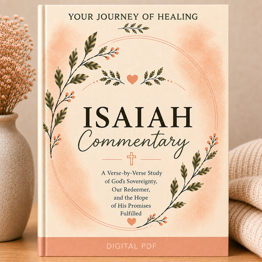 A book-style cover design for a digital PDF titled "Isaiah Commentary," shown standing upright on a tabletop. The cover has a warm cream background with peach watercolor shading, dark green leafy wreath illustrations, small pink hearts, and black text.