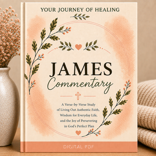 A book-style cover design for a digital PDF titled "James Commentary" with decorative leafy branches, small hearts, and a soft peach watercolor background. The text reads "Your Journey of Healing" and "Digital PDF.