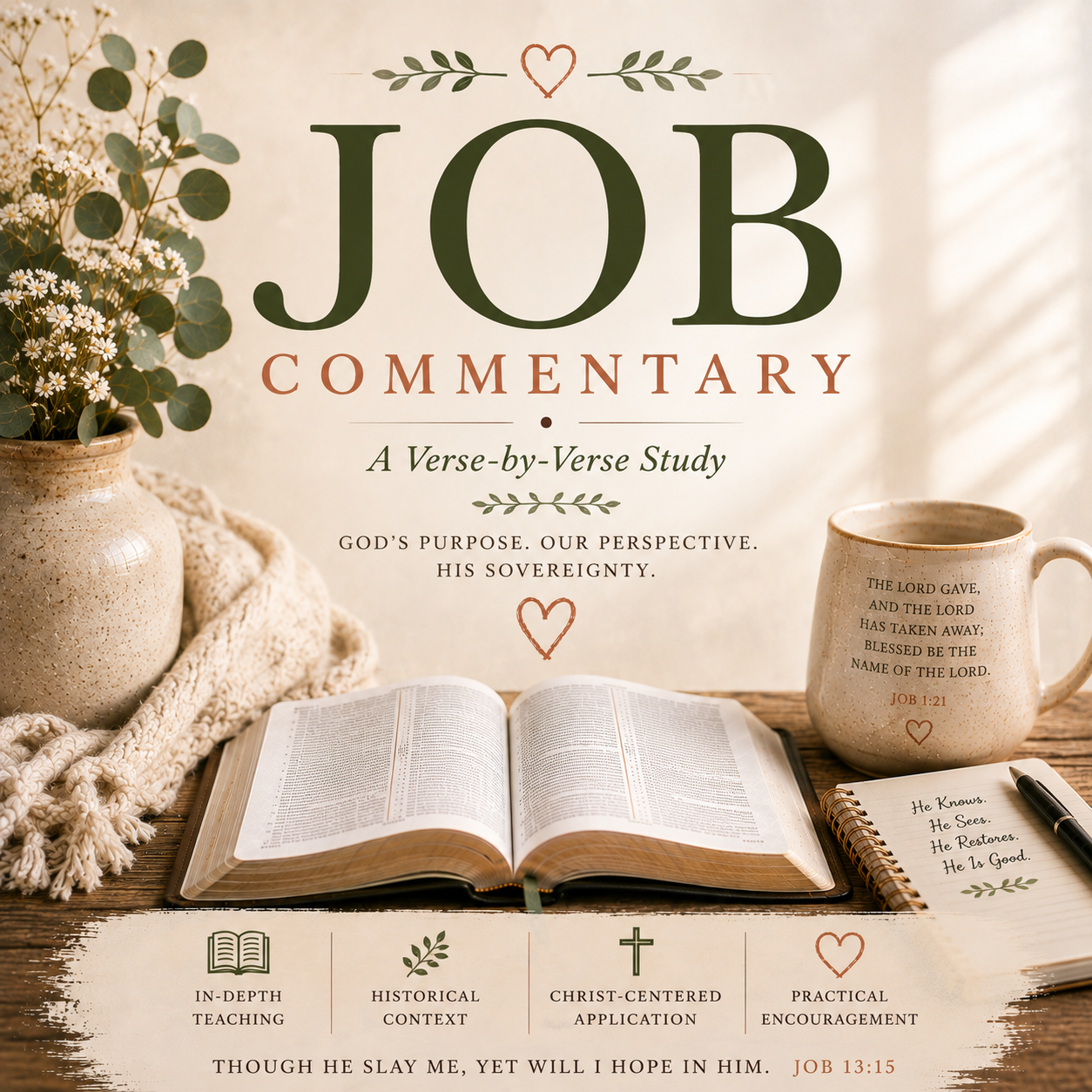 Job Bible Commentary PDF featuring a verse-by-verse Old Testament study of suffering, grief, faith, God’s sovereignty, unanswered questions, perseverance, and restoration.