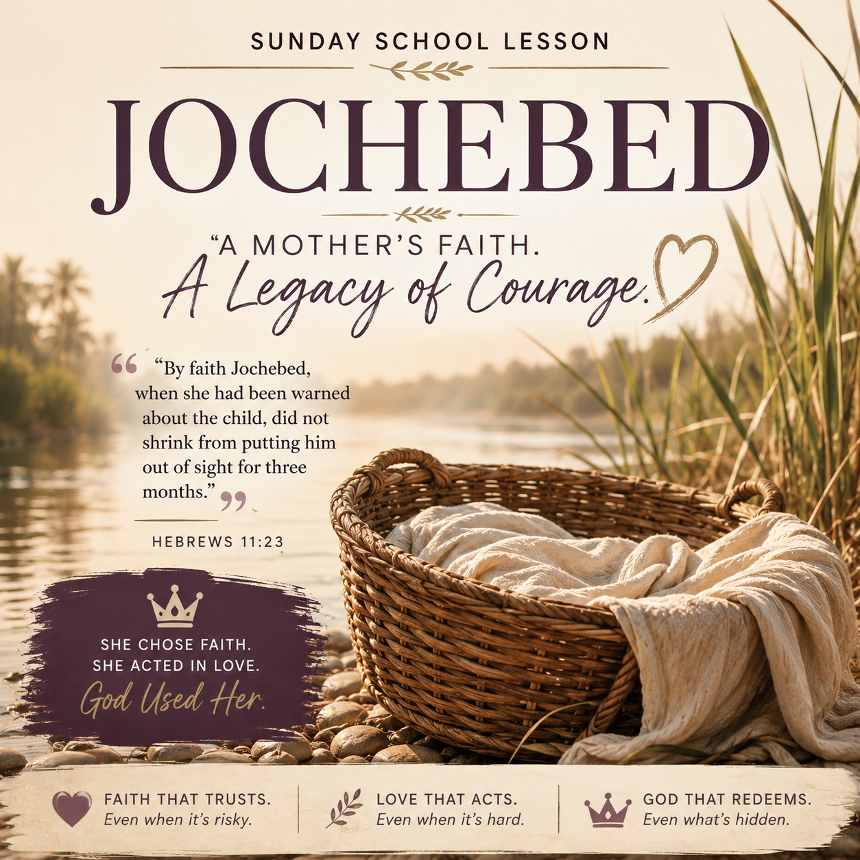 Sunday School Lesson graphic for 'Jocbed' featuring a wicker basket with a cream-colored blanket on a stone surface, set against a background of tall grasses. The graphic includes inspirational text, a Bible verse from Hebrews 11:23, and three key themes: Faith that trusts, Love that acts, and God that Redeems.