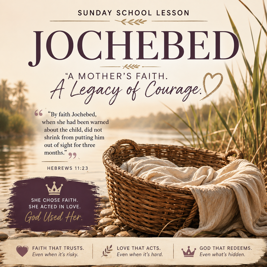 Sunday School Lesson graphic for 'Jocbed' featuring a wicker basket with a cream-colored blanket on a stone surface, set against a background of tall grasses. The graphic includes inspirational text, a Bible verse from Hebrews 11:23, and three key themes: Faith that trusts, Love that acts, and God that Redeems.