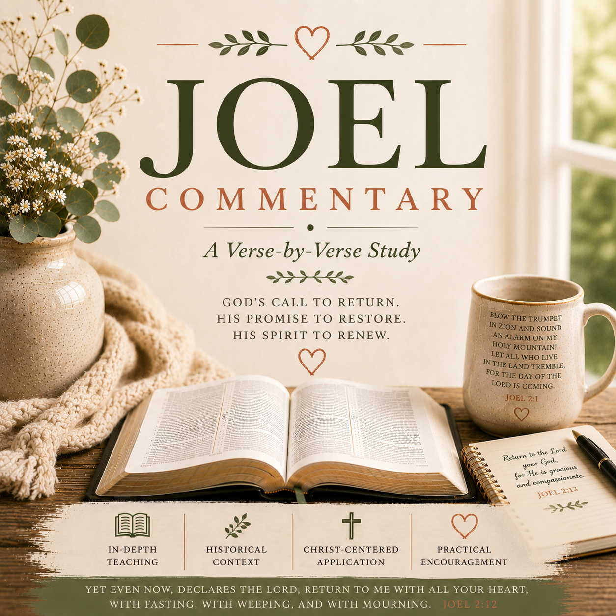 Book cover for 'JOEL COMMENTARY: A Verse-by-Verse Study' shown with an open Bible, coffee mug with scripture, flowers, and a warm neutral background.