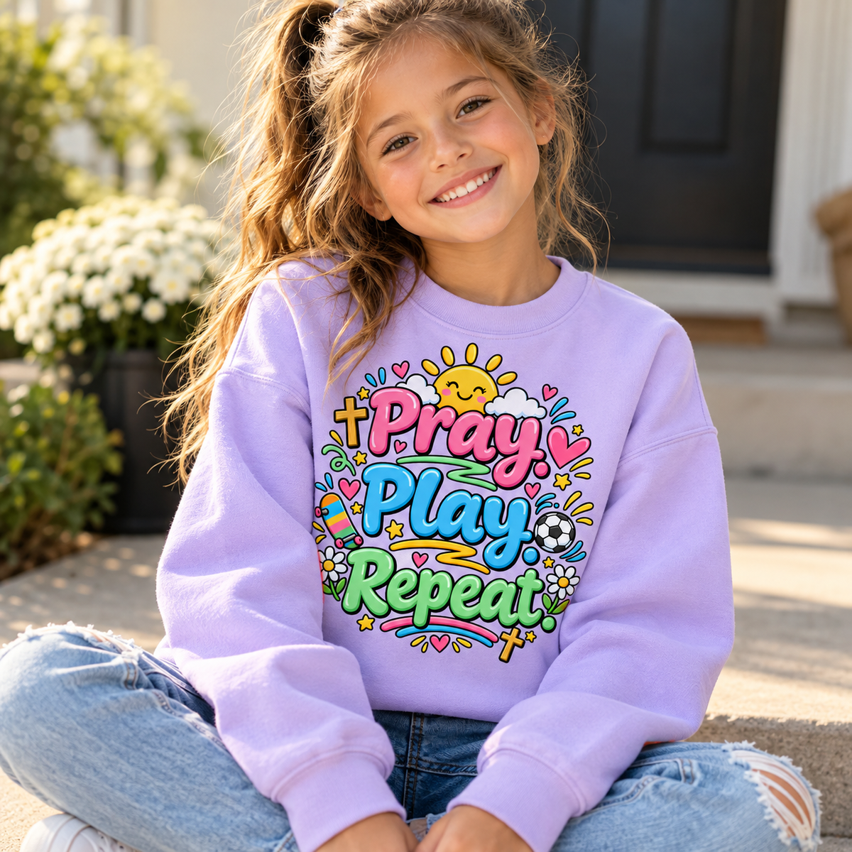 Light purple Pray Play Repeat Christian sweatshirt featuring colorful lettering, crosses, hearts, flowers, sunshine, skateboard, and soccer ball.