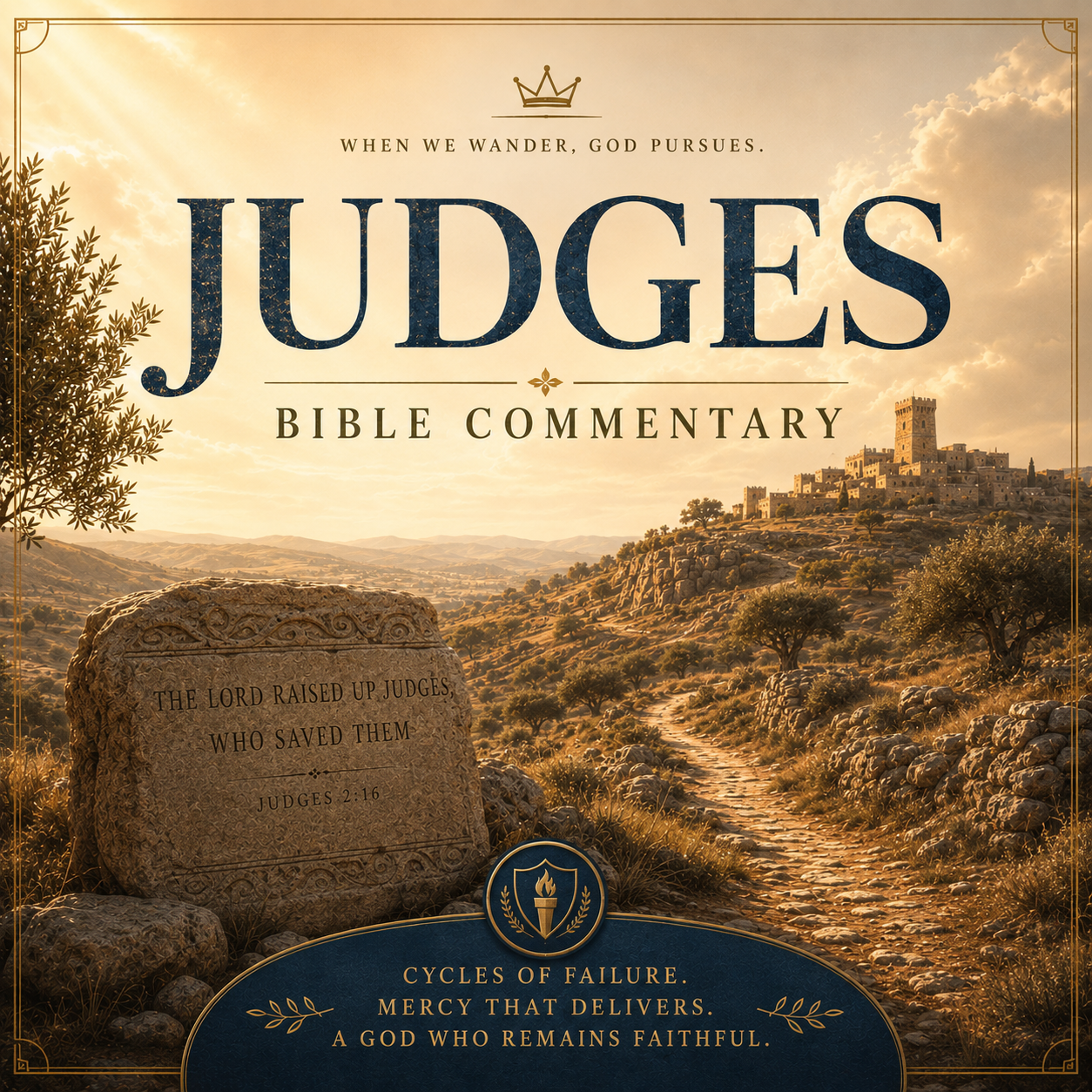 Book cover for 'Judges Bible Commentary' featuring a golden desert landscape with a stone marker, a winding path, and a fortified town in the distance. Large navy title text appears at the top, with a crown icon above and a dark blue banner at the bottom with additional text.