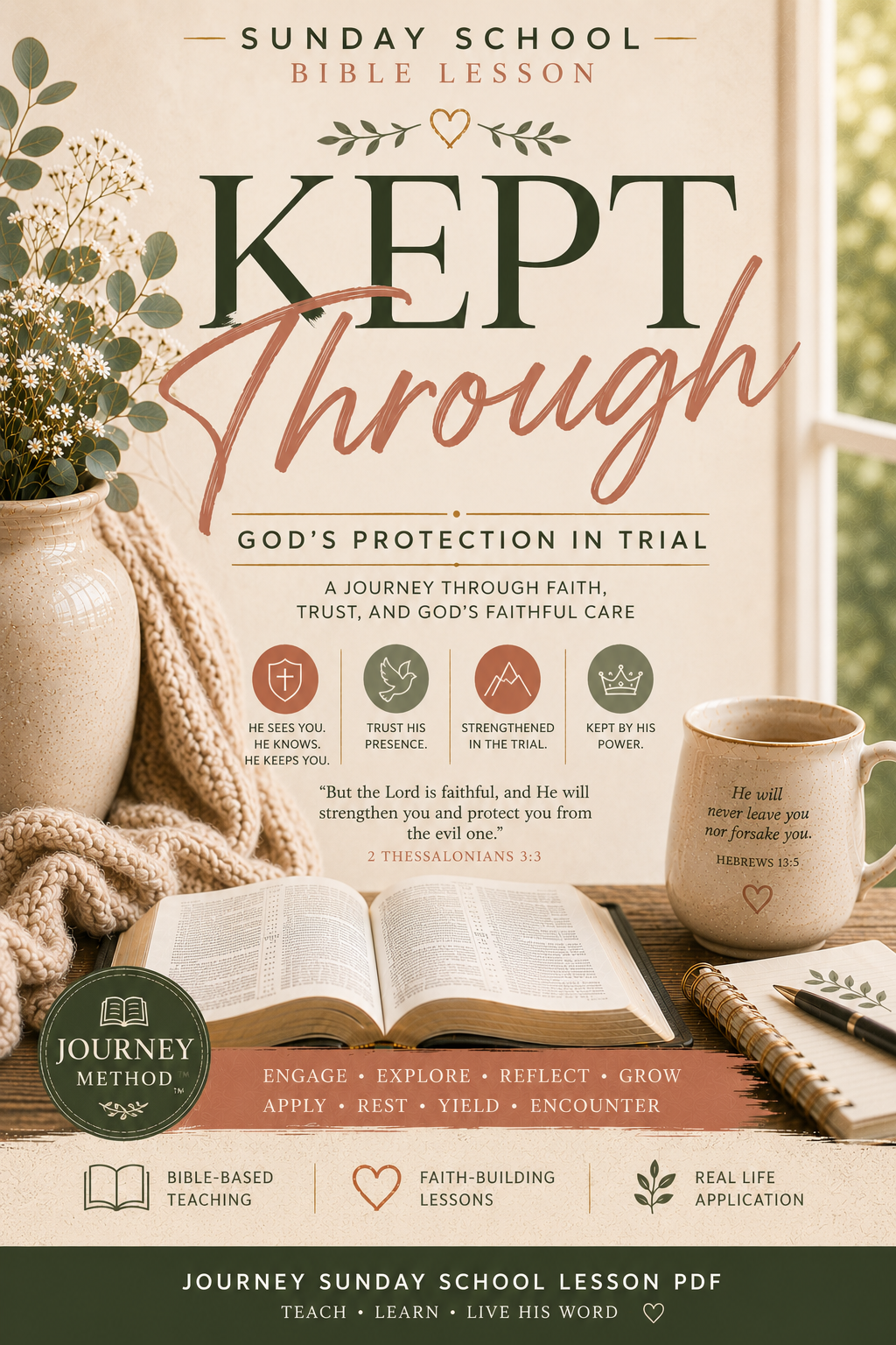 Kept Through JOURNEY Method Sunday School lesson on God’s protection and faithful endurance in trials, based on John 17:15.

