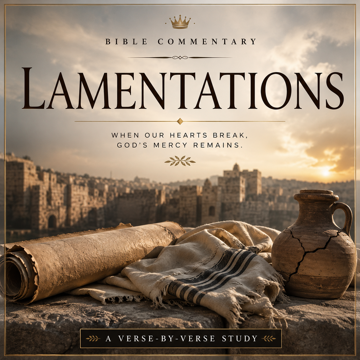 Book cover for 'Lamentations: A Verse-by-Verse Study' Bible Commentary, featuring a sepia-toned ancient cityscape background with a rolled scroll, fringed cloth, and clay jug in the foreground.