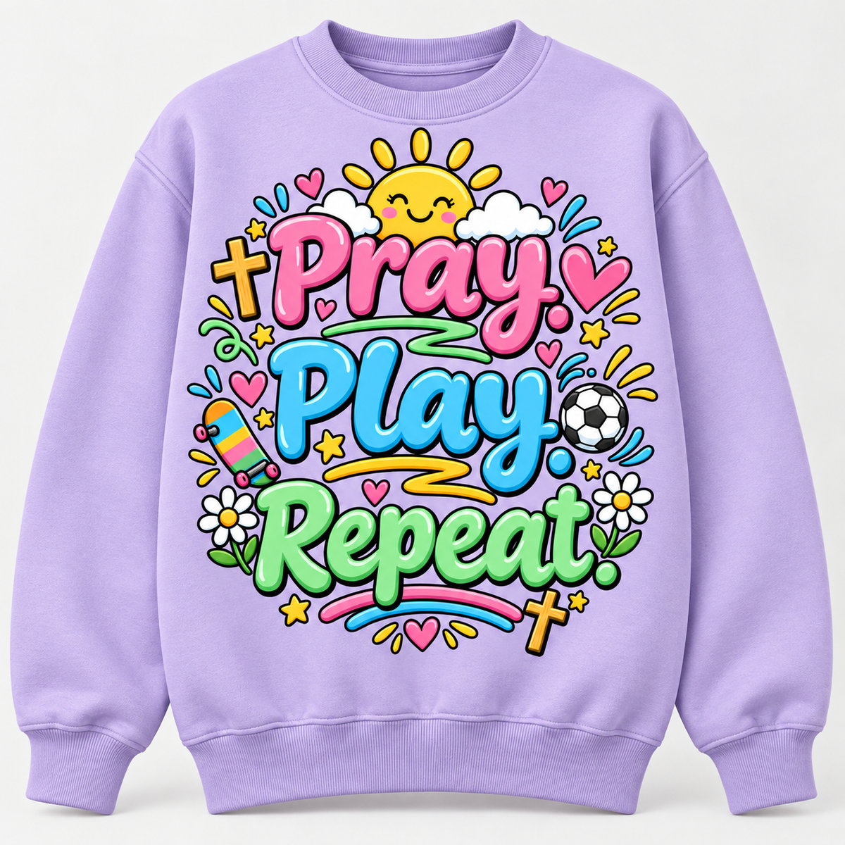 Light purple Pray Play Repeat Christian sweatshirt featuring colorful lettering, crosses, hearts, flowers, sunshine, skateboard, and soccer ball.