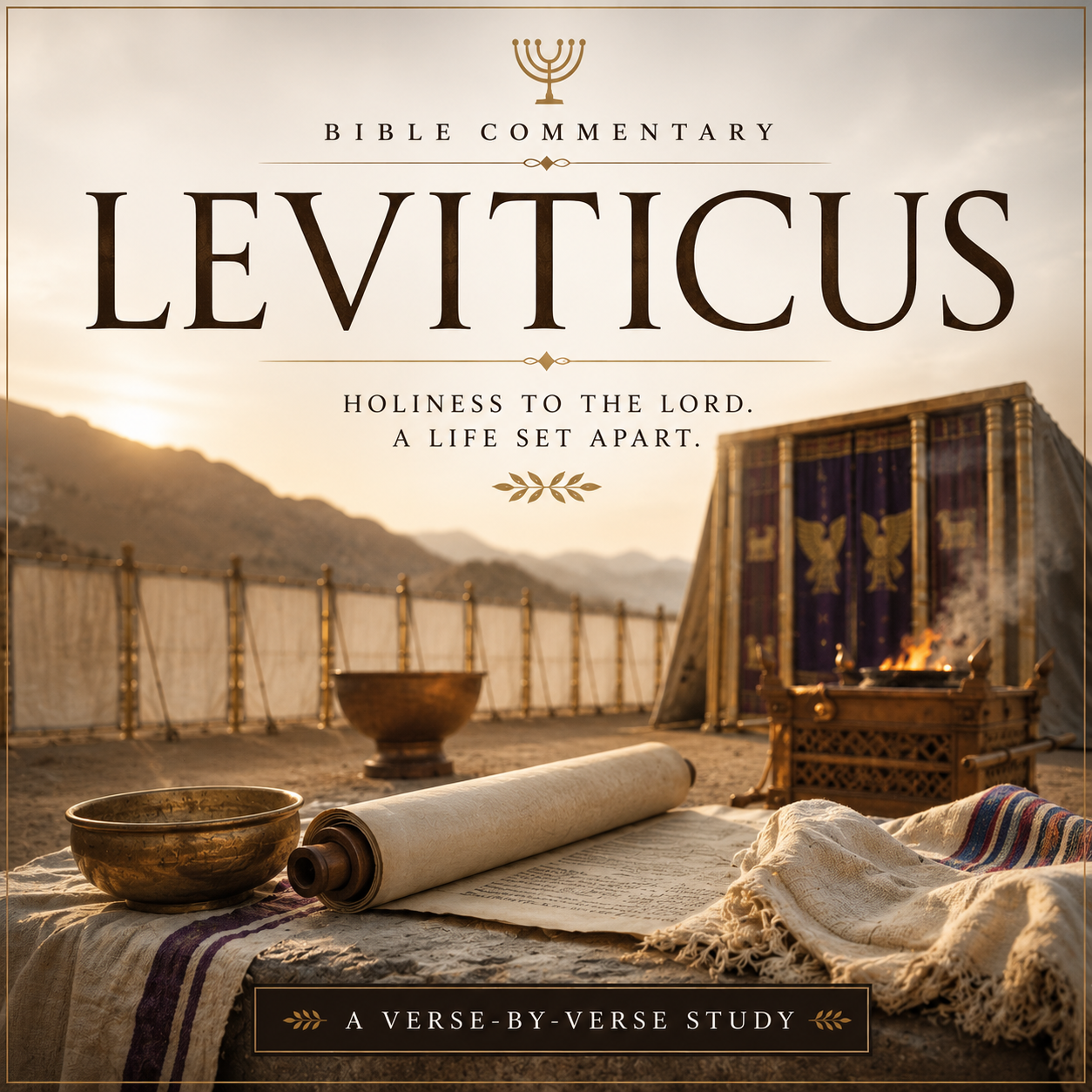 Book cover for 'Leviticus' Bible Commentary, featuring a sepia-toned desert camp scene with a scroll, bowls, and a tent in the background, plus large title text and subtitle 'Holiness to the Lord. A Life Set Apart.