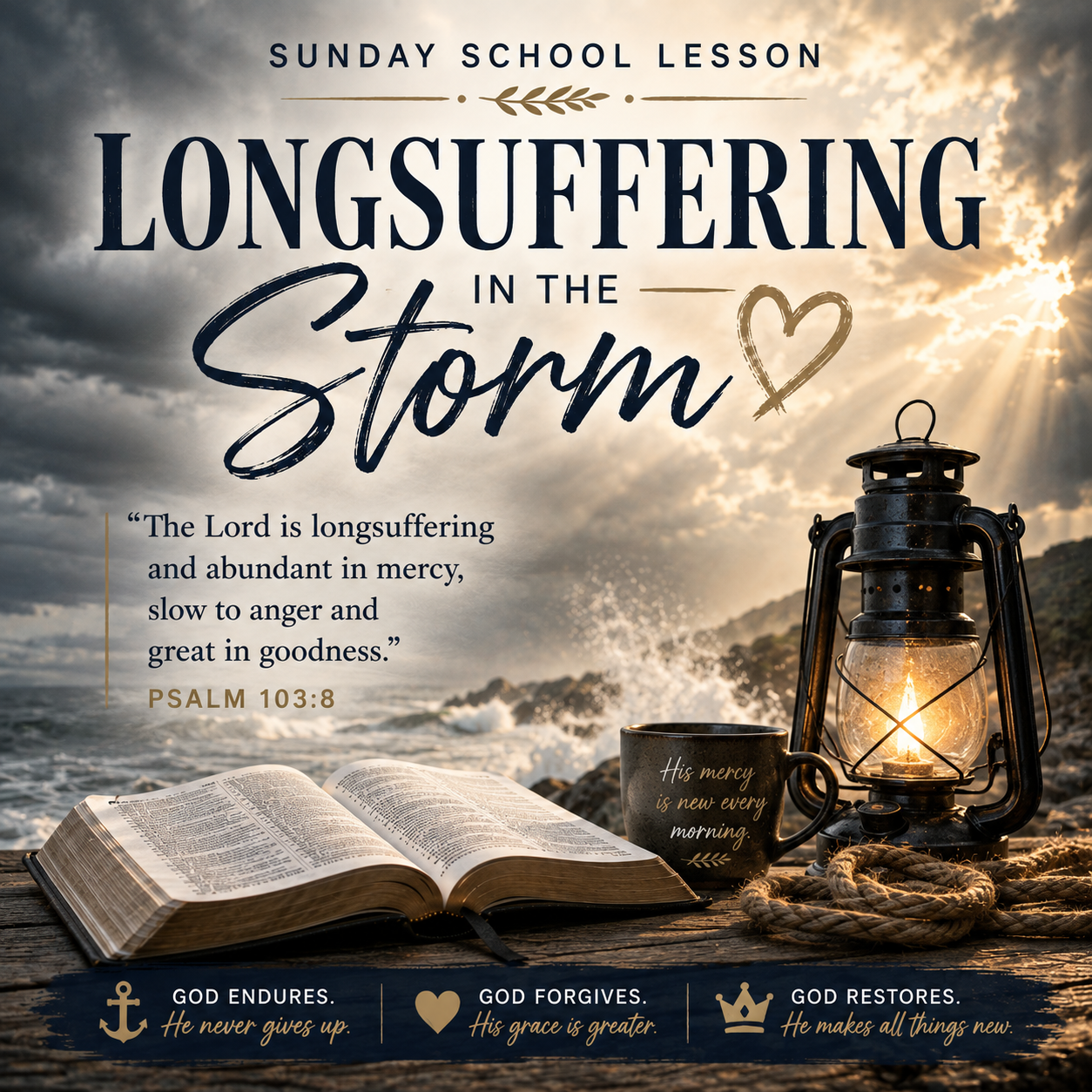 Sunday school lesson cover titled 'Longsuffering in the Storm' over a dramatic storm seascape with sunlight breaking through clouds. The scene includes an open Bible, a lit lantern, a mug with scripture, rope, and three text panels at the bottom about God enduring, forgiving, and restoring.