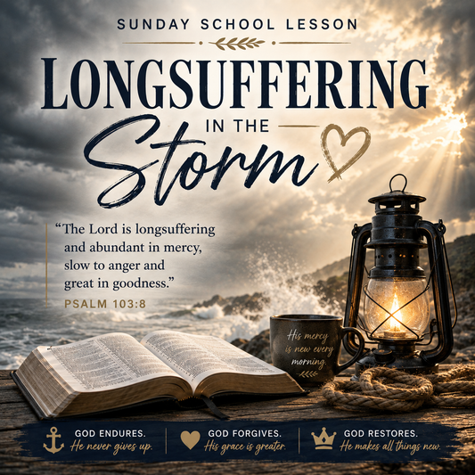 Sunday school lesson cover titled 'Longsuffering in the Storm' over a dramatic storm seascape with sunlight breaking through clouds. The scene includes an open Bible, a lit lantern, a mug with scripture, rope, and three text panels at the bottom about God enduring, forgiving, and restoring.