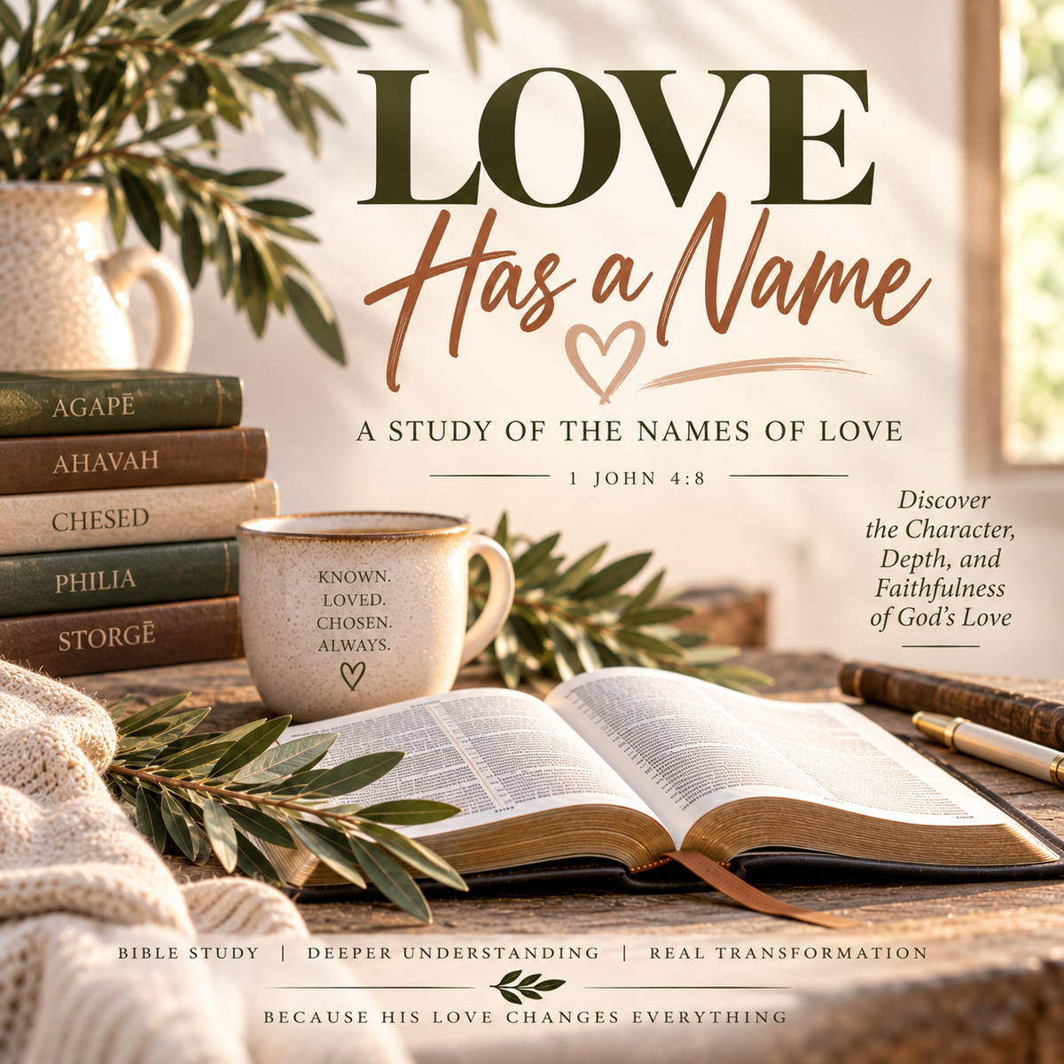 Love Has a Name Christian Bible study PDF exploring El Emunah, Ahavah, Agapē, and Jesus Christ to discover the biblical meaning of faithful, sacrificial, truth-filled love.