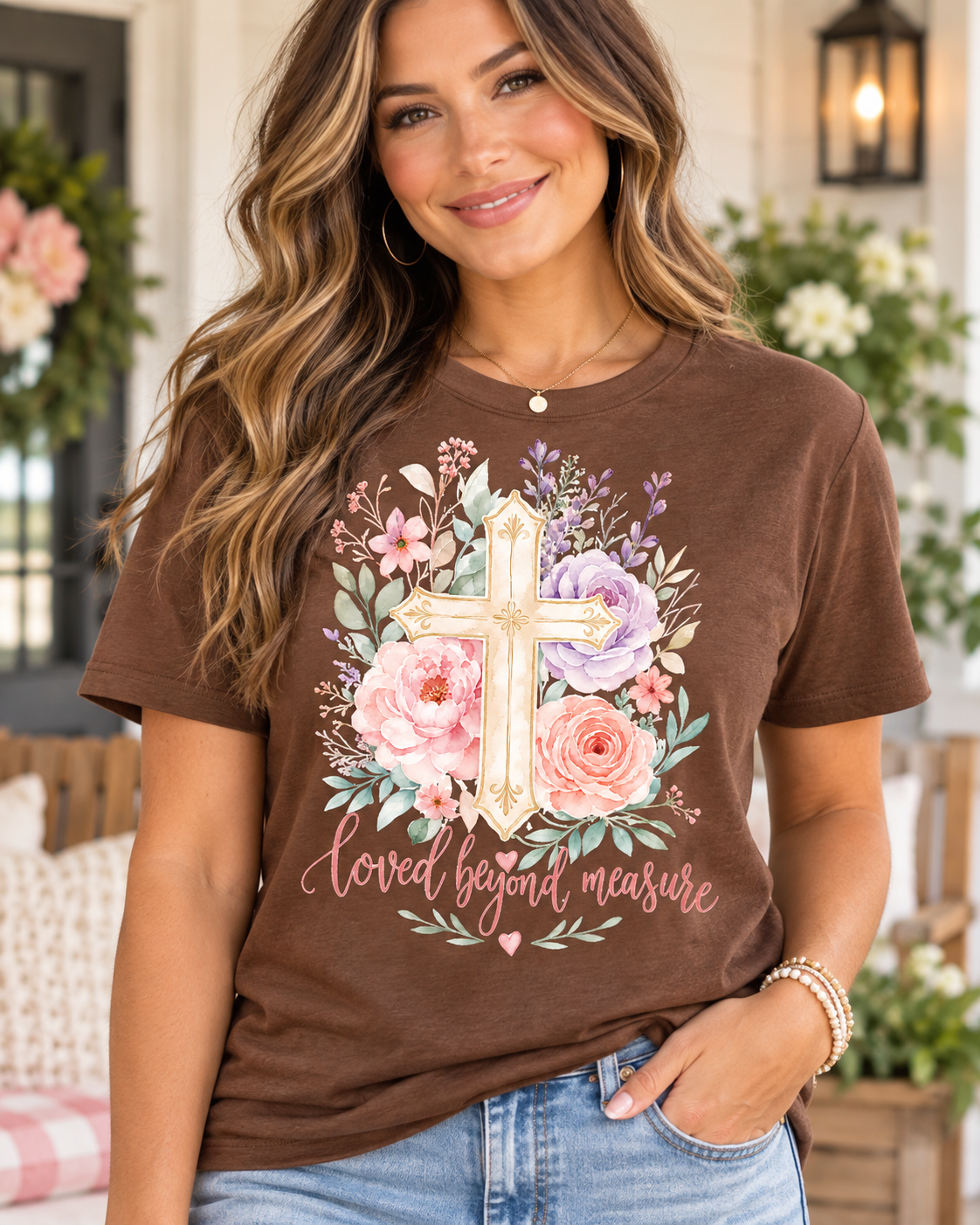 Loved Beyond Measure Christian T-Shirt in brown featuring a watercolor floral cross design from the Journey Wear collection.