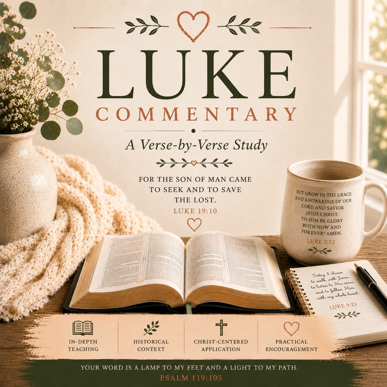 Luke Bible Commentary PDF featuring a verse-by-verse New Testament study of Jesus Christ, His compassion, parables, miracles, prayer, salvation, cross, and resurrection.