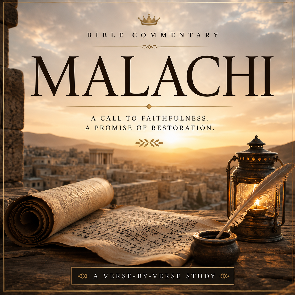 Book cover for 'Bible Commentary: Malachi' featuring a golden sunset over ancient ruins, with a rolled parchment scroll, open Bible pages, a feather quill, and a lantern on a stone surface.