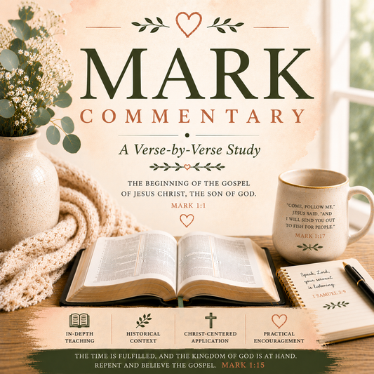 Promotional graphic for a Mark commentary book, featuring an open Bible on a wooden table with a cream mug, notebook, and vase of flowers around it. Large text reads 'MARK COMMENTARY' with subtitle 'A Verse-by-Verse Study' and scripture references.