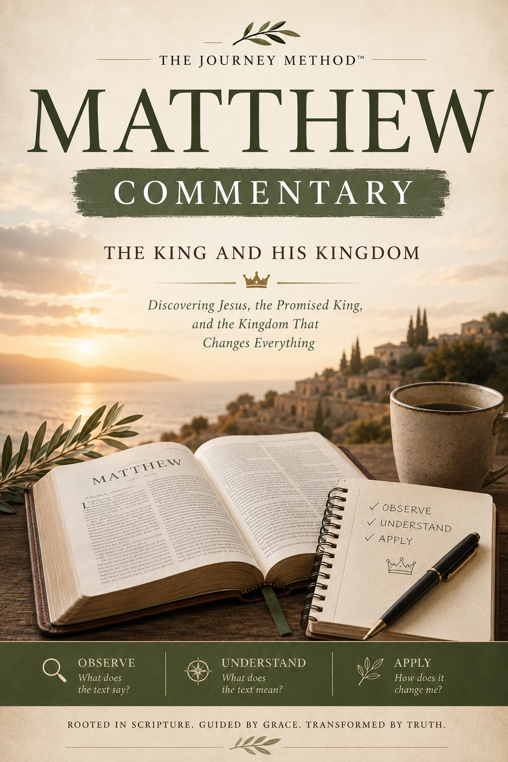 Front cover of the book 'The Journey Method Matthew Commentary: The King and His Kingdom' showing a warm sunset landscape, an open Bible, a notebook with a checklist, and a cup on a table.