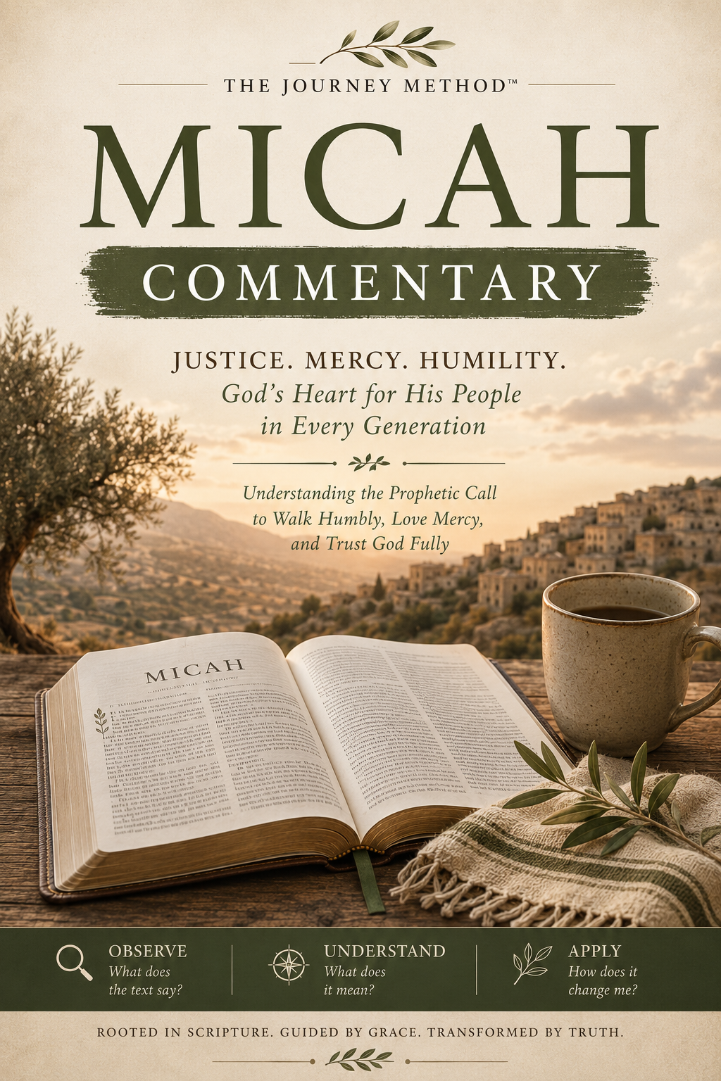 Front cover of the book 'The Journey Method Micah Commentary' featuring a scenic background of an ancient city at sunset, an open Bible on a wooden table, a ceramic mug, and a fringed cloth with olive branches.