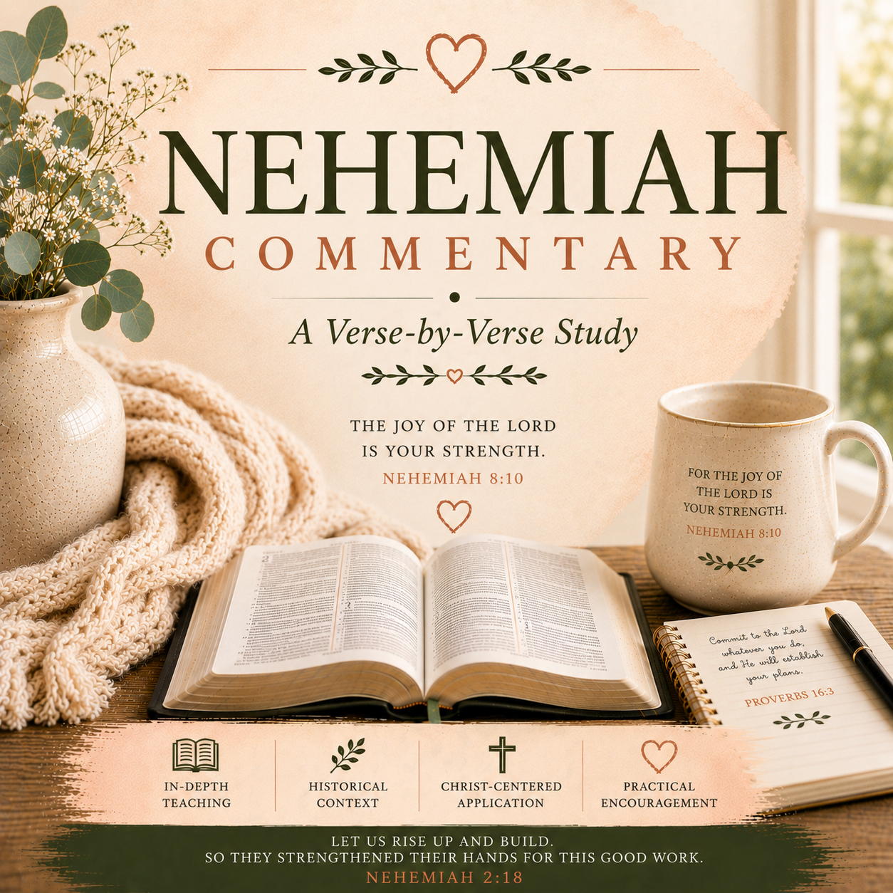 Nehemiah Bible Commentary PDF featuring a verse-by-verse Old Testament study of rebuilding Jerusalem, restoration, prayer, leadership, perseverance, opposition, and spiritual renewal.