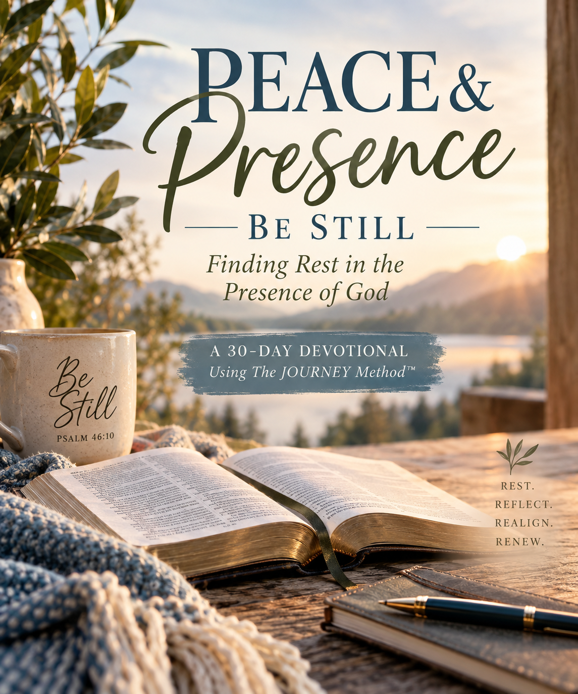 Be Still 30-day Christian devotional using The JOURNEY Method™ to help readers find biblical rest, peace, stillness, and renewed awareness of the presence of God.