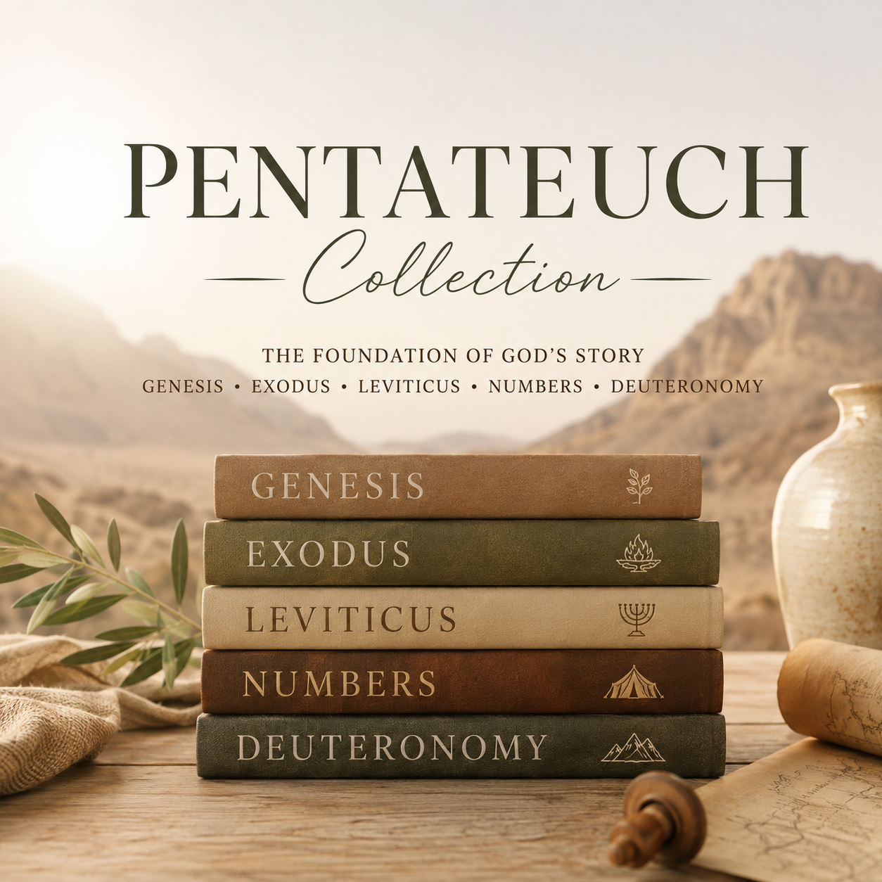 A stack of five hardcover books titled Genesis, Exodus, Leviticus, Numbers, and Deuteronomy displayed on a wooden surface with a scroll, olive branch, and ceramic vase in a desert landscape setting. The text 'PENTATEUCH Collection' is displayed at the top.
