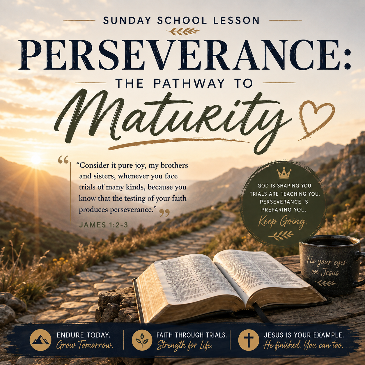 Perseverance: The Pathway to Maturity Christian Sunday School lesson based on James 1:2–4, representing tested faith, endurance, spiritual growth, perseverance, and maturity in Christ.