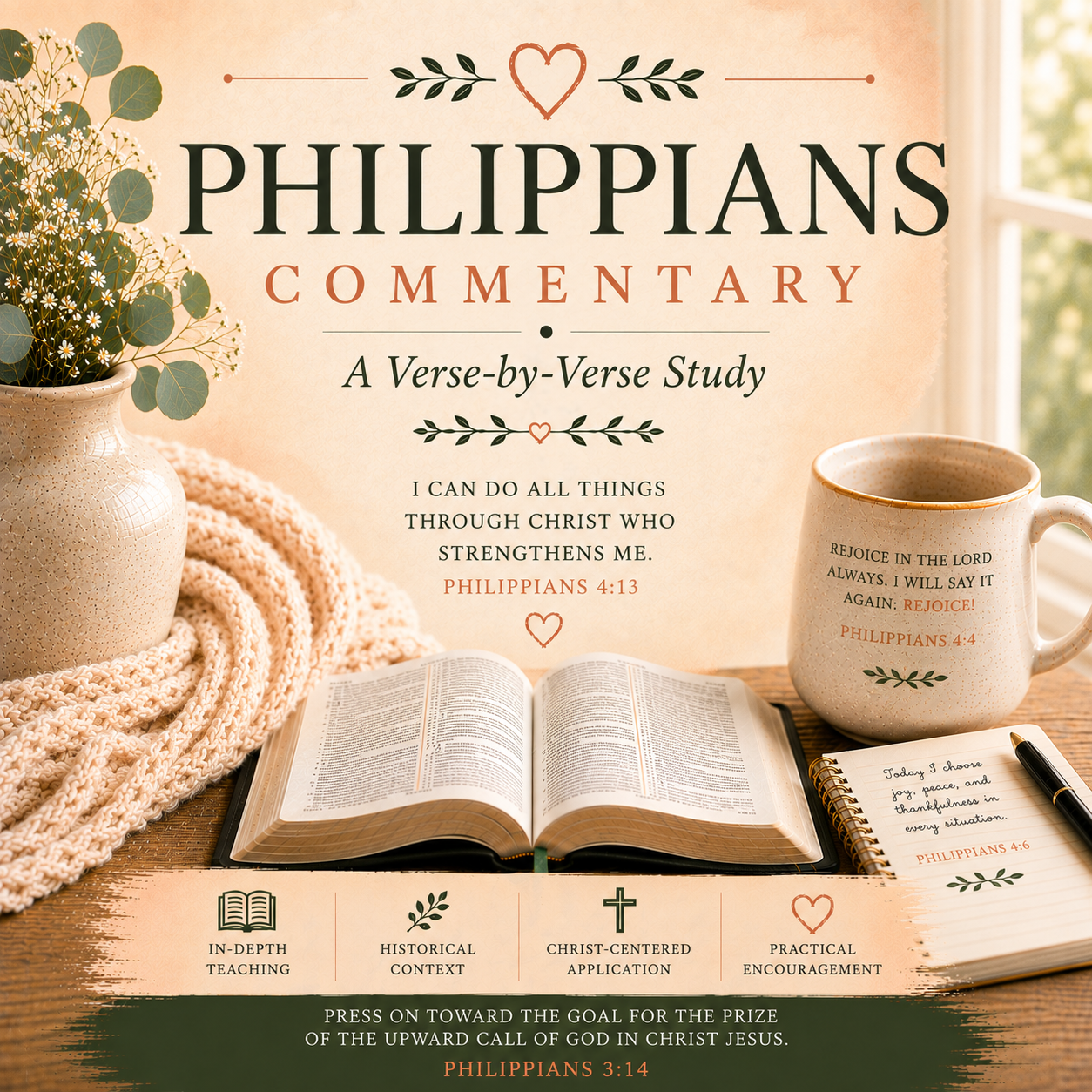 Philippians Bible Commentary PDF featuring a verse-by-verse New Testament study of joy, peace, humility, contentment, perseverance, and Christ-centered living.