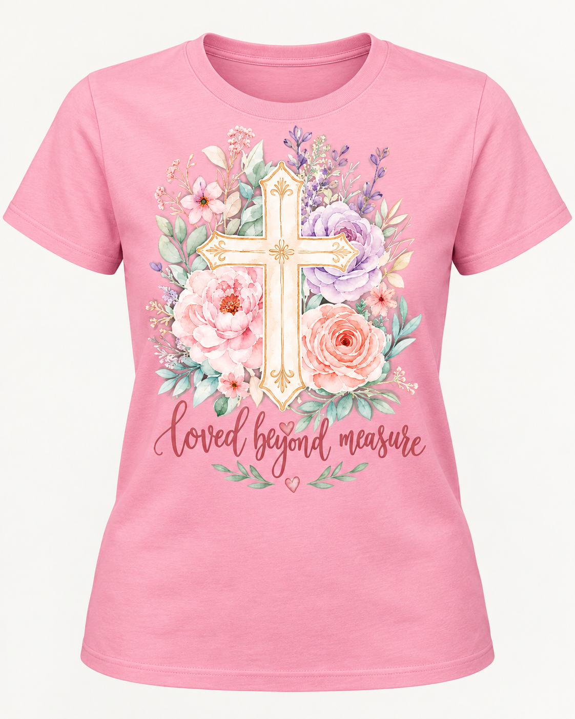 Loved Beyond Measure Christian T-Shirt in pink featuring a watercolor floral cross design from the Journey Wear collection.
