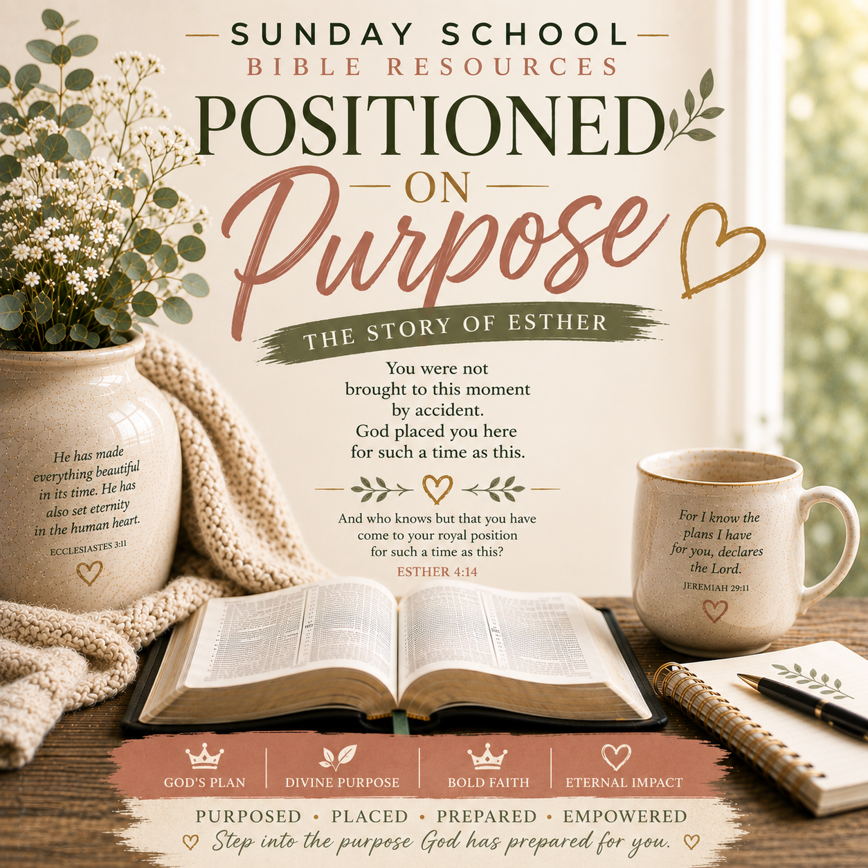 Positioned on Purpose Sunday School Bible lesson PDF featuring the story of Esther and themes of God’s providence, courage, preparation, purpose, and such a time as this.