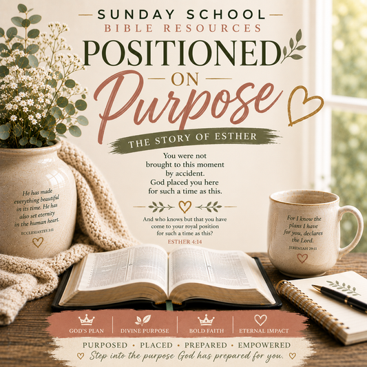 Positioned on Purpose Sunday School Bible lesson PDF featuring the story of Esther and themes of God’s providence, courage, preparation, purpose, and such a time as this.