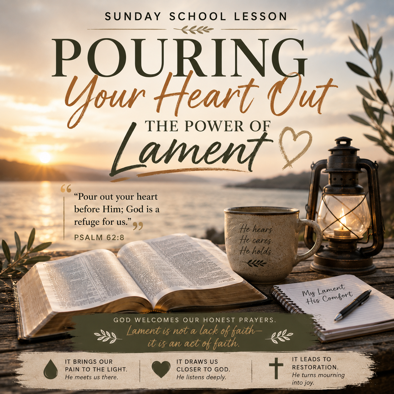 Pouring Out Your Heart: The Power of Lament Sunday School lesson representing biblical lament, honest prayer, grief, sorrow, trust, healing, and bringing your whole heart before God.
