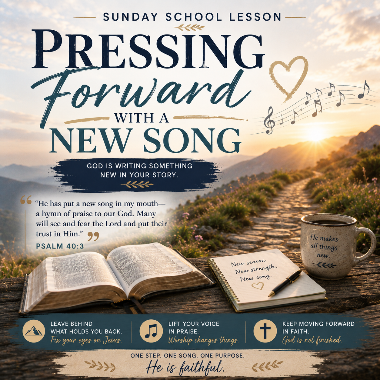 Pressing Forward with a New Song Sunday School lesson representing new beginnings, healing, renewed hope, praise, moving forward in faith, and God’s restoring work.