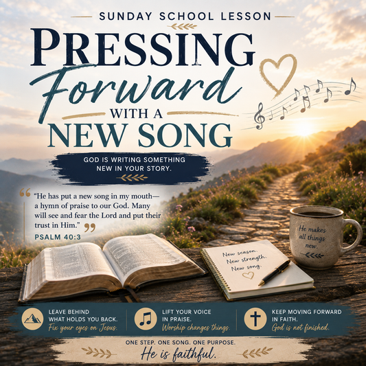 Pressing Forward with a New Song Sunday School lesson representing new beginnings, healing, renewed hope, praise, moving forward in faith, and God’s restoring work.
