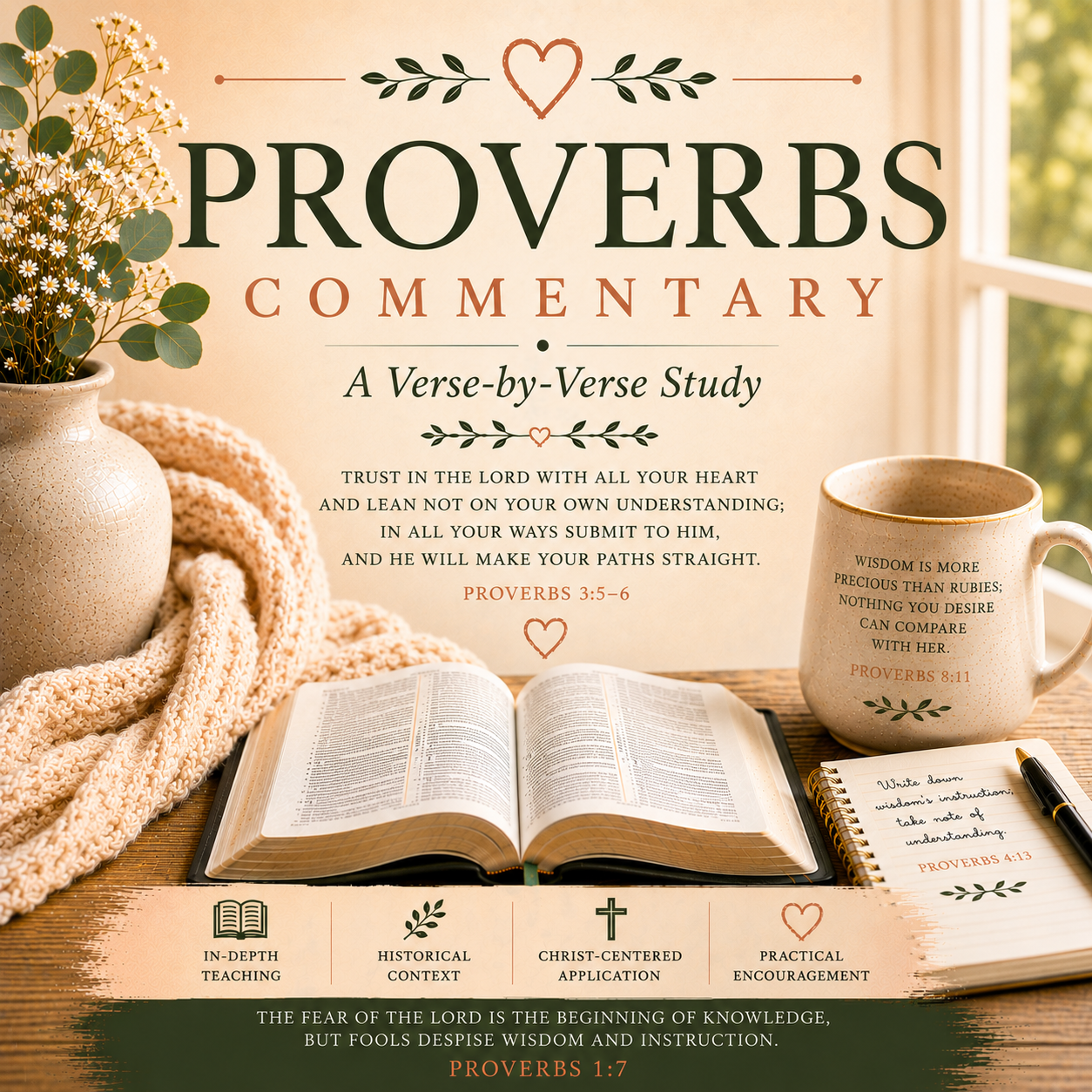 Proverbs Bible Commentary PDF featuring a verse-by-verse Old Testament study of biblical wisdom, the fear of the LORD, relationships, words, work, money, integrity, and godly living.