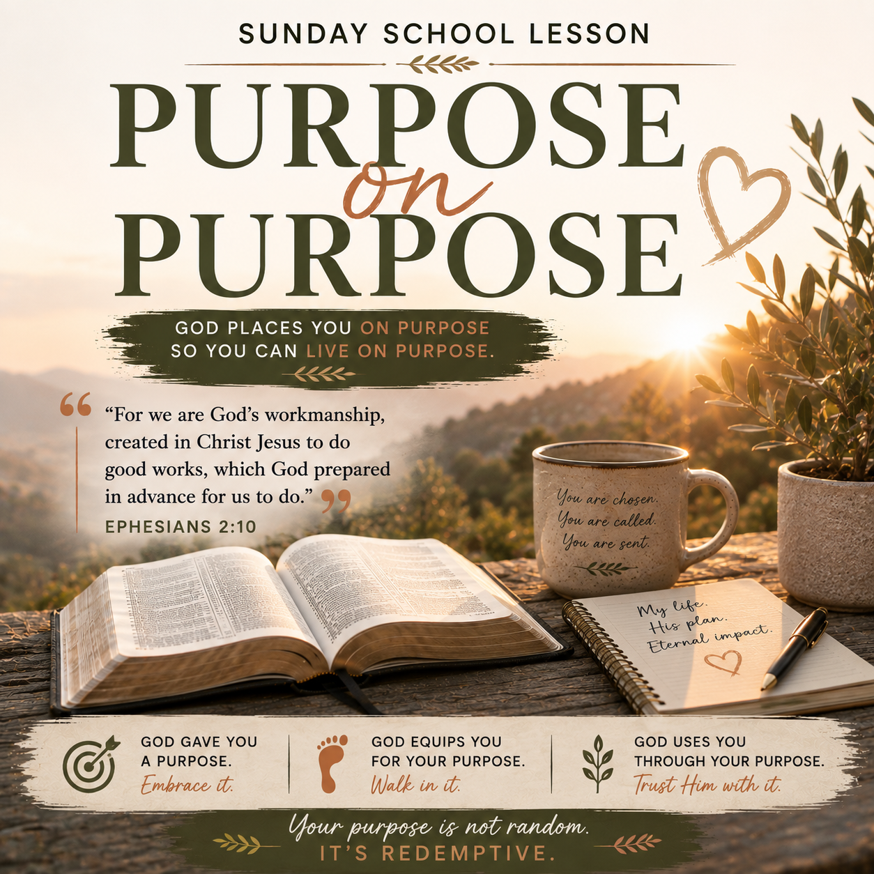 Purpose on Purpose Christian Sunday School lesson representing biblical calling, identity, obedience, stewardship, intentional living, and God-given purpose.