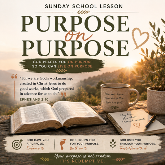 Purpose on Purpose Christian Sunday School lesson representing biblical calling, identity, obedience, stewardship, intentional living, and God-given purpose.