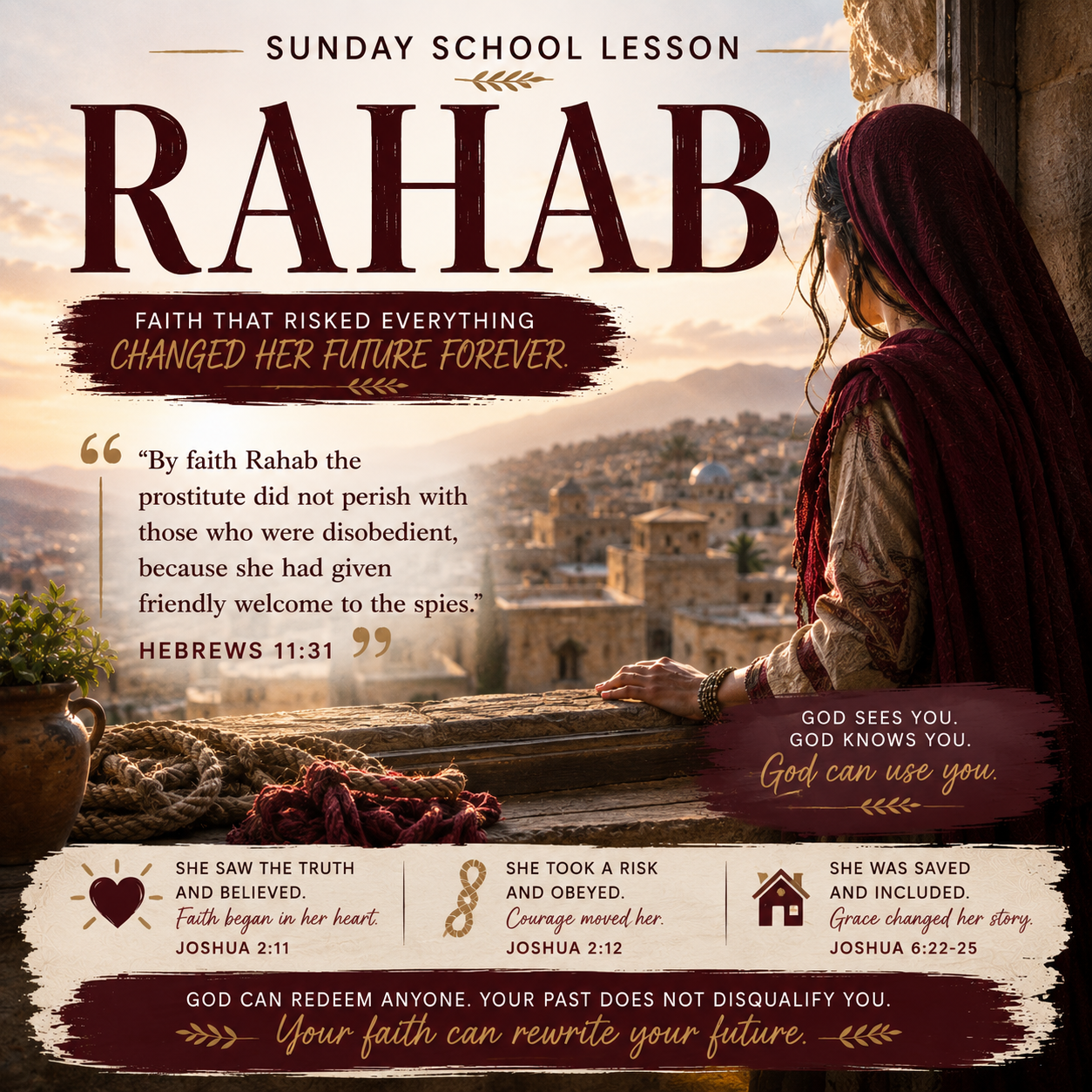 Rahab Sunday School lesson featuring the scarlet cord at the walls of Jericho, representing courageous faith, redemption, grace, obedience, and God’s power to transform a life.