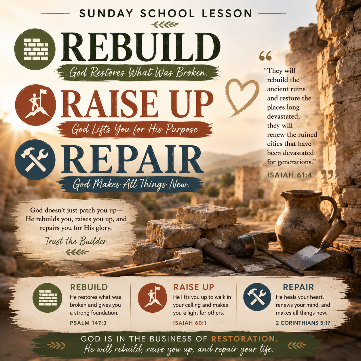 Rebuild, Raise Up and Restore Sunday School lesson inspired by Isaiah 58:12, representing rebuilding broken places, raising spiritual foundations, repairing breaches, healing, restoration, and renewed purpose.